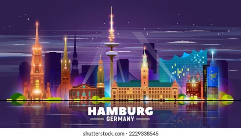 El horizonte nocturno de la ciudad de Hamburgo en Alemania. Ilustración vectorial. Concepto de viajes de negocios y turismo con edificios modernos. Imagen para banner o sitio web.