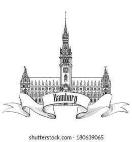 Hamburg landmark town hall. Germany, Europe. Hand drawn vector sketch german city symbol.