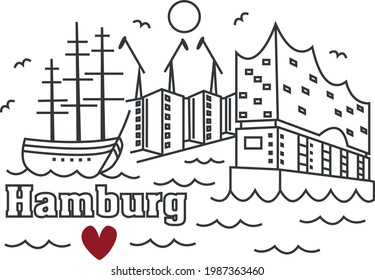 Hamburg love. Hamburg harbor. Hafencity and Elbphilharmonie in Line Art. 