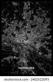 Mapa de Hamburgo. Afiche detallado del mapa oscuro de Hamburgo (Alemania). Las características naturales (lagos, ríos), los distintos tipos de carreteras y edificios se agrupan por separado.