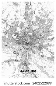 Hamburg map. Detailed light map poster of Hamburg (Germany). Natural features (lakes, rivers), various types of roads and buildings are grouped separately.