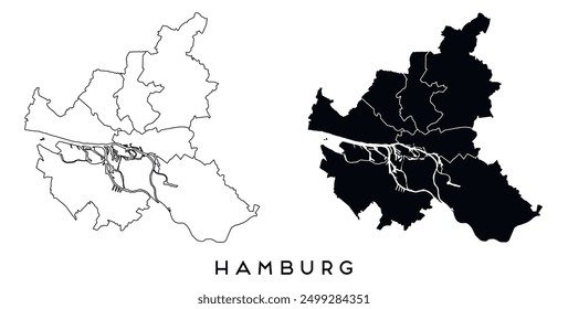 Hamburg map of regions districts vector black on white and outline