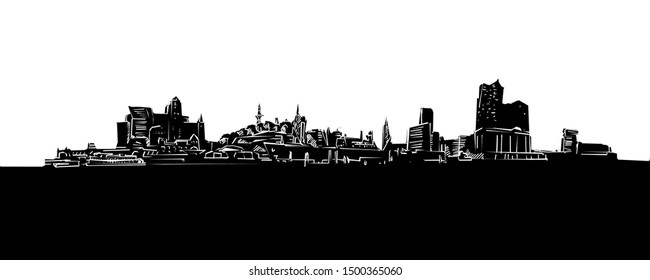 Hamburg Panorama Silhouette Drawing. Hand-drawn illustration in the form of a woodcut for digital and print projects.