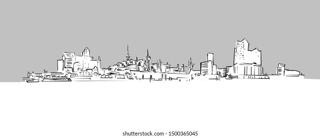 Hamburg Panorama Skyline Vector Sketch. Hand Drawn Illustration on grey background.