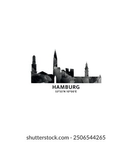 Hamburg panorama, vector badge, skyline logo and icon. Germany city horizon logotype with landmarks and building silhouettes. Isolated foggy abstract gradient graphic