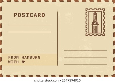 From Hamburg postal card template. Vector grungy vintage style postcard illustration with stamp, tower, landmark, message. Simple flat greetings image layout