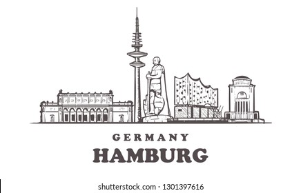 Hamburg sketch skyline. Germany, Hamburg hand drawn vector illustration. Isolated on white background.