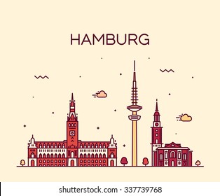 Hamburg skyline, detailed silhouette. Trendy vector illustration, linear style