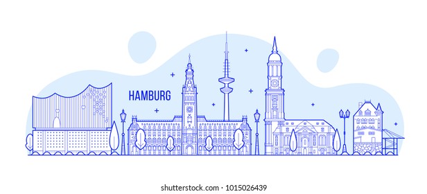 Hamburg skyline, Germany. This illustration represents the city with its most notable buildings. Vector is fully editable, every object is holistic and movable