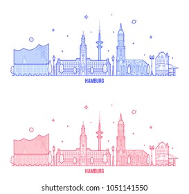 Hamburg skyline, Germany. This illustration represents the city with its most notable buildings. Vector is fully editable, every object is holistic and movable