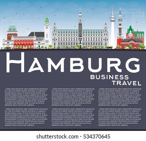 Hamburg Skyline with Gray Buildings, Blue Sky and Copy Space. Vector Illustration. Business Travel and Tourism Concept with Historic Architecture. Image for Presentation Banner Placard and Web Site.