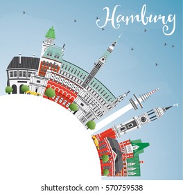 Hamburg Skyline with Gray Buildings, Blue Sky and Copy Space. Vector Illustration. Business Travel and Tourism Concept with Historic Architecture. Image for Presentation Banner Placard and Web Site.
