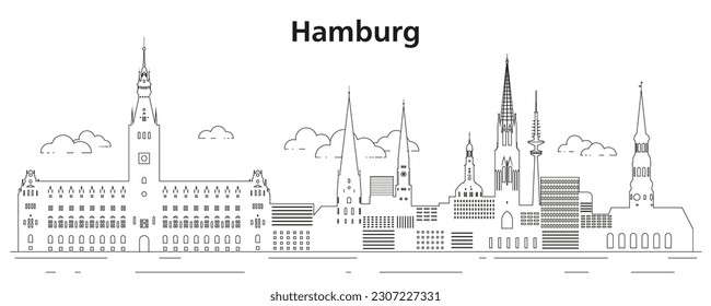 Hamburg skyline line art vector illustration