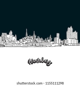 Hamburg skyline, outline. Vector drawing of skyline, outline, Germany. Black and white illustration concept.