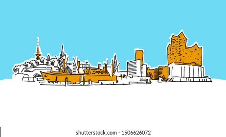 Hamburg Skyline Panorama Vector Sketch. Hand-drawn Illustration on blue background.