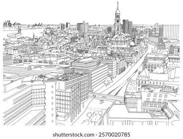 Hamburg Skyline with St Michael Church and Port View, Vector Illustration