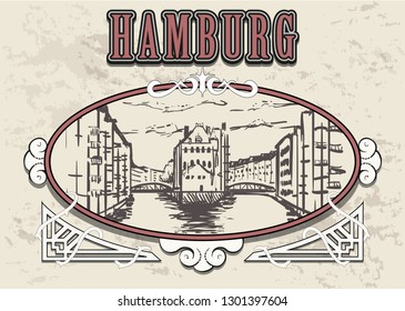 Hamburg Speicherstadt sketch. Hamburg hand drawn  vector illustration in vintage frame.