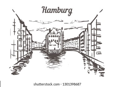 Hamburg Speicherstadt sketch. Hamburg hand drawn vintage vector illustration. Isolated on white background.