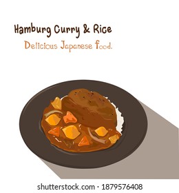 Hamburg Steak Curry Reis Vektorgrafik auf weißem Hintergrund. Japanisches Essen.