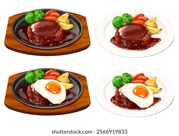 Hamburg steak and side dishes, fried eggs, vegetables, meat dishes