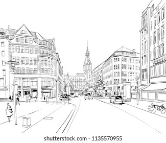 Hamburg Town Hall. Germany. Hand drawn sketch. Vector illustration. 