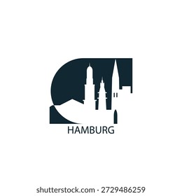 Hamburg vector icon with skyline, panoramic view, outlook shape. Germany city landmarks logo concept. Flat isolated graphic, badge