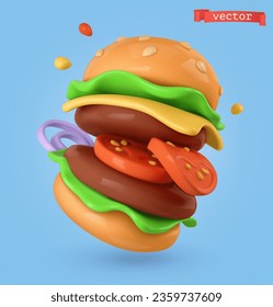 Hamburger, 3d cartoon vector icon. Separated layers in the air