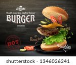 Hamburger ads design on blackboard background in 3d illustration