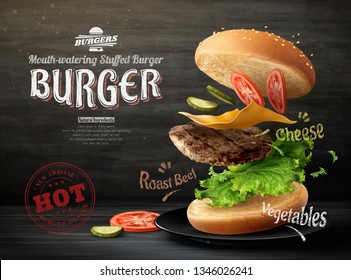 Hamburger ads design on blackboard background in 3d illustration