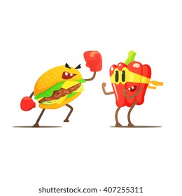 Hamburger Against Pepper Cartoon Fight Flat Vector Funny Illustration In Childish Style On White Background