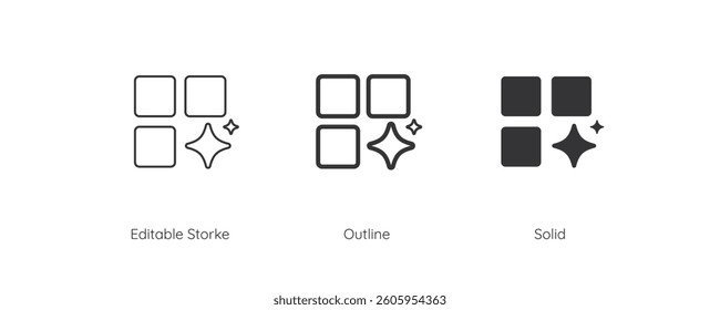 Hamburger with AI icon set. Artificial intelligence sign. Line and silhouette icon. Icons for app user interface and web elements. Vector illustration. Editable stroke.