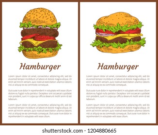 Hamburger american cuisine meal posters set. Buns roasted and ham meat, tomatoes with salad leaves. Cheese and ripe tomatoes, vector illustration