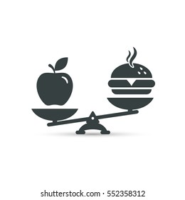 Hamburger and apple on scales. Balance between fast and healthy food. Diet, nutrition, fitness and health concept. vector illustration.