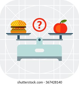 Hamburger and apple on scales cups