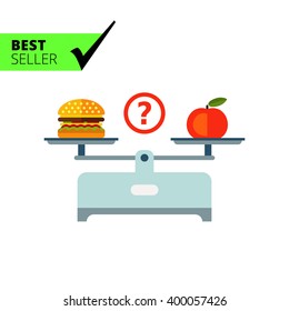 Hamburger and apple on scales cups