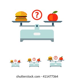 Hamburger and apple on scales cups