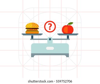 Hamburger and apple on scales cups