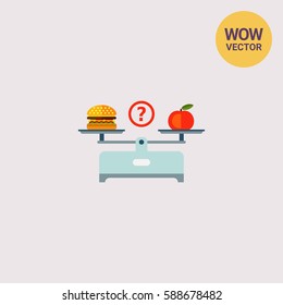 Hamburger and apple on scales cups