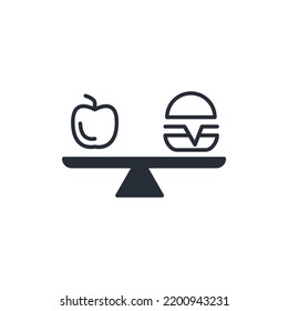 Hamburger and apple on scales line icon. Simple element illustration. Hamburger and apple on scales concept outline symbol design.