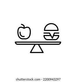 Hamburger and apple on scales line icon. Simple element illustration. Hamburger and apple on scales concept outline symbol design.