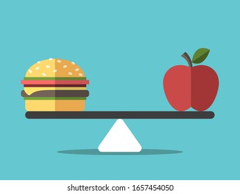 Hamburger and apple on weight scale. Fast or healthy, bad or good food balance, diet, nutrition, fitness and health concept. Flat design. EPS 8 vector illustration, no transparency, no gradients