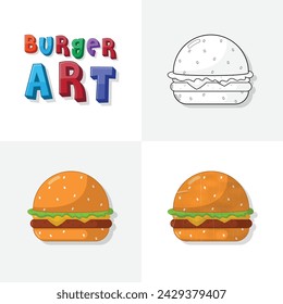 Hamburger art sketch, colouring page, flat and realistic burger fast food illustration for kids