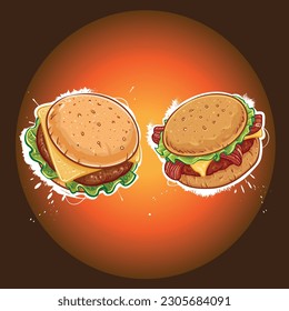 Hamburger with awesome vector background selected for restaurants, eateries and cafes