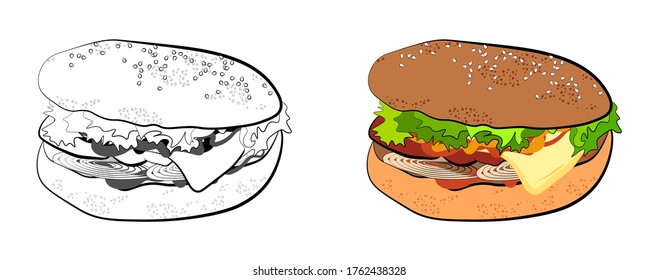 hamburger with bacon, cheese and lettuce on a bun. Fast food. Isolated vector on white background