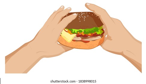hamburger with bacon, cheese and lettuce on bun in hands of man. Fast food. Cartoon vector on white background