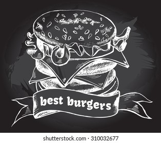 Hamburger and banner. Hand drawn vector Illustration. Poster on a blackboard. Menu template.