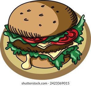 Hamburger with beef, cheese, lettuce and tomato