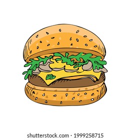 Hamburger with beef cutlet mushrooms and green salad in a bun with sesame seeds