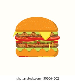 Hamburger with beef, fresh lettuce, tomatoes, cucumbers, cheese and ketchup. Vector illustration of a delicious hamburger menu for take-out, fast food restaurant or a barbecue invitation.