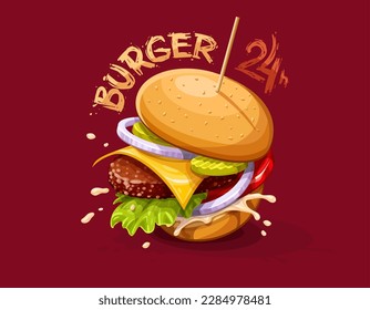 Hamburger with beef meat cutlet, cheese and splashing sauce isolated on red background. Burger with tomato, pickled cucumbers, onion rings in burgers bun. Cafe burger menu design. Vector illustration